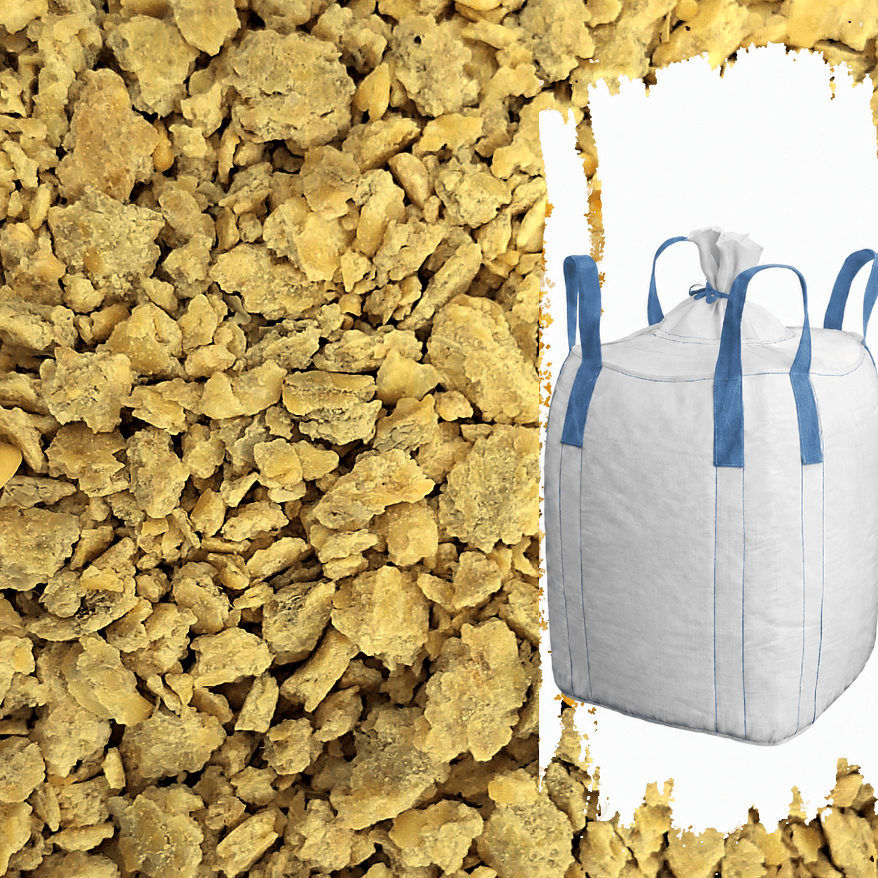 Bio-Futtersojakuchen mit vollständig sichtbarem weißem Big Bag